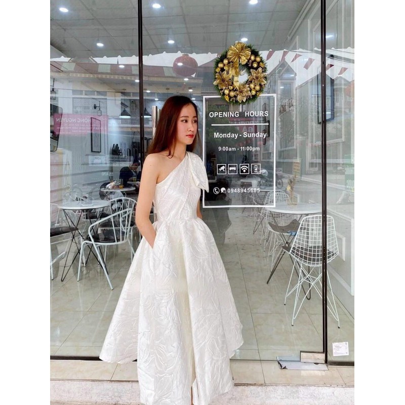 đầm gấm lệch vai nơ ( ảnh và video thật 1000%)