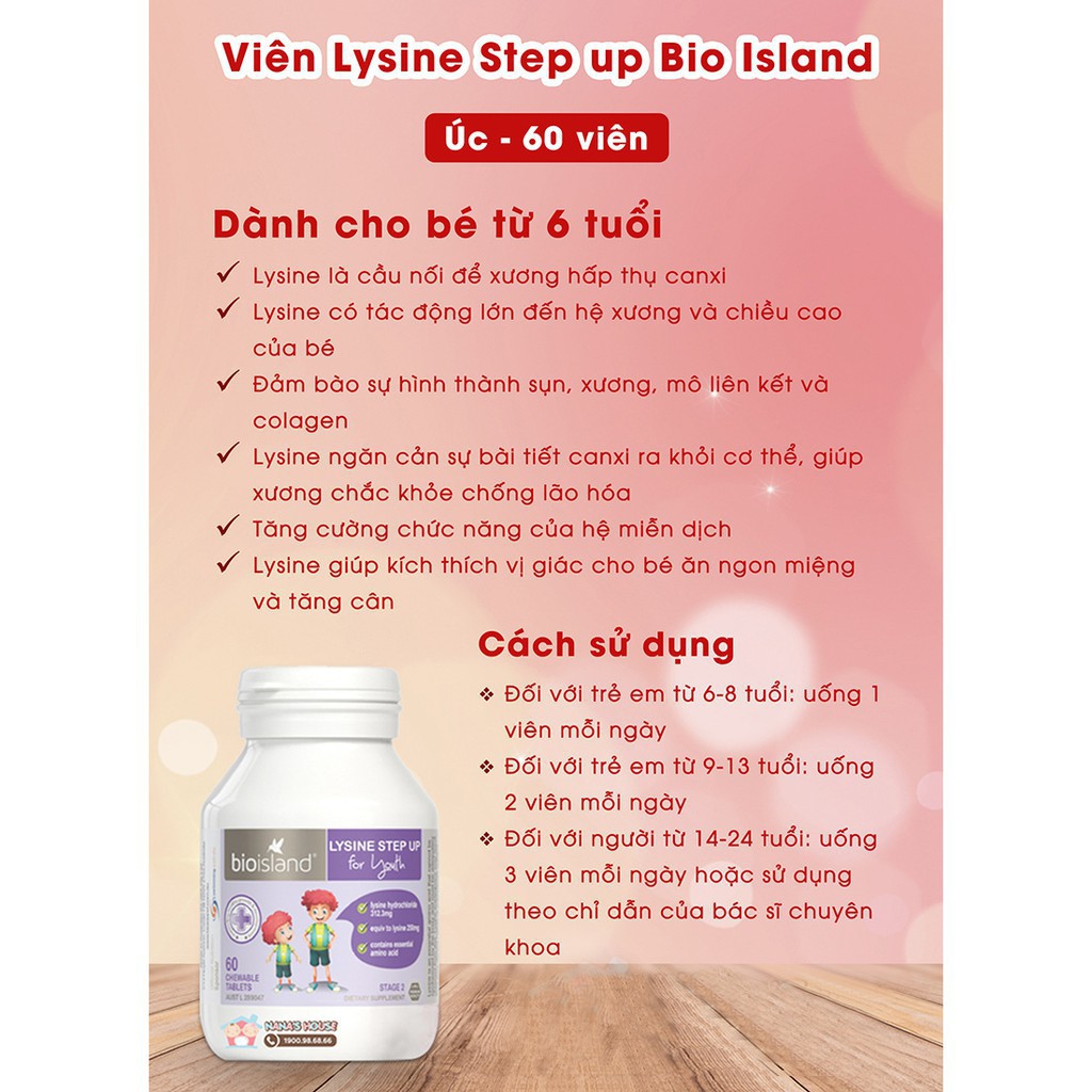 Viên nhai Hỗ trợ Tăng chiều cao cho bé Úc Bio Island Lysine Step Up for Youth 60 viên