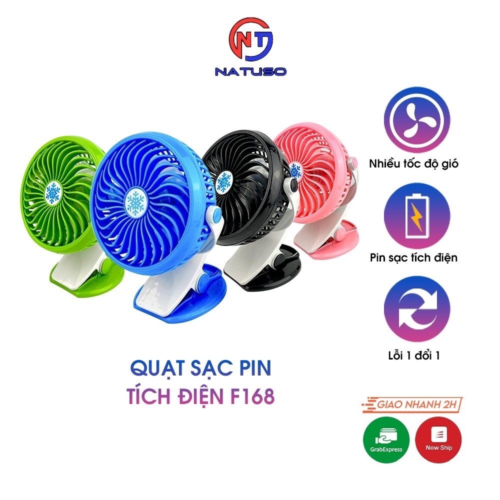 Quạt mini tích điện kẹp xe đẩy F168 3 tốc độ gió nhỏ gọn để bàn đế xoay 360 độ