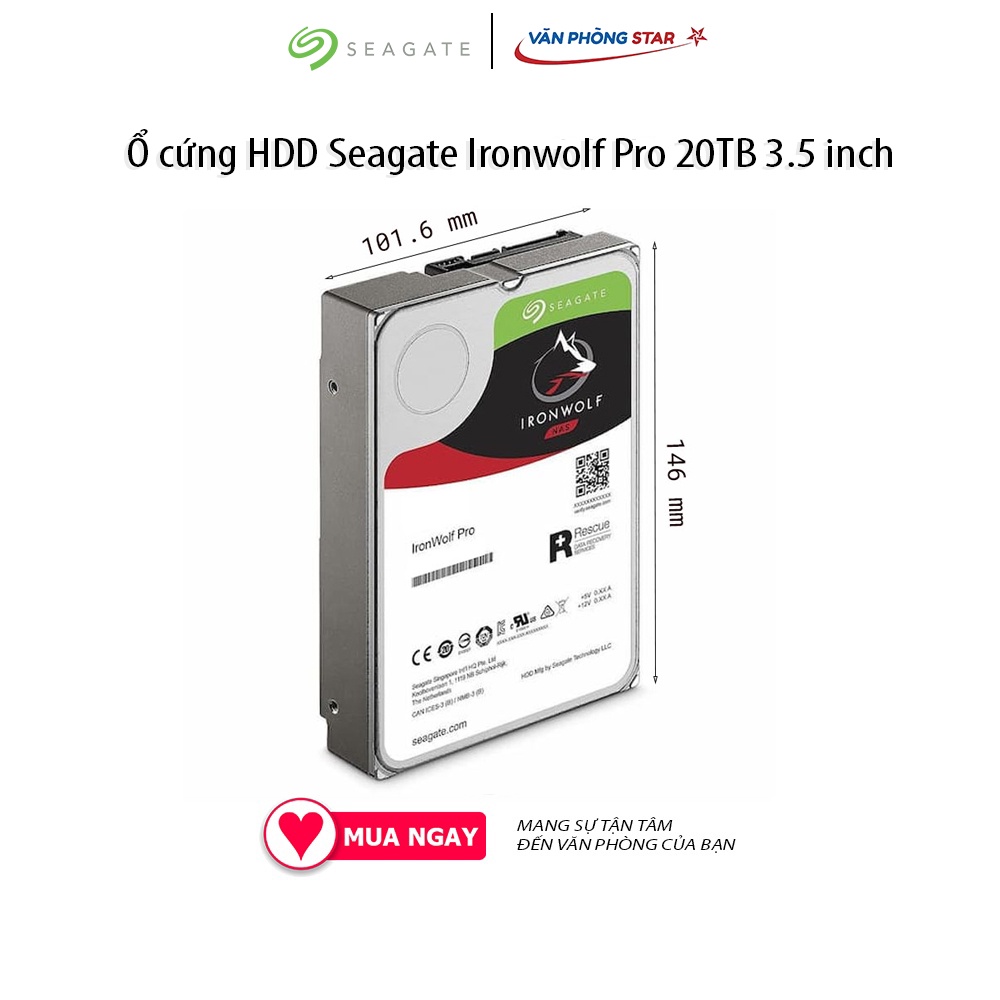 Ổ cứng HDD Seagate Ironwolf Pro 20TB 3.5 inch, 7200RPM, SATA3, 256MB Cache (ST20000NE000) chính hãng Vanphongstar
