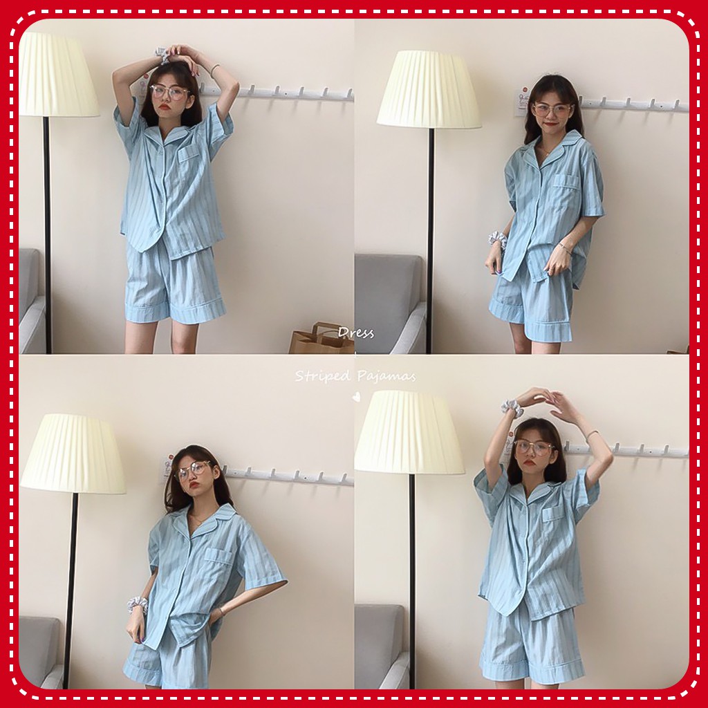 Đồ Ngủ Pijama Ngắn Tay, Bộ Ngủ Họa Tiết Kẻ Sọc Ulzzang Hot Trend | BigBuy360 - bigbuy360.vn