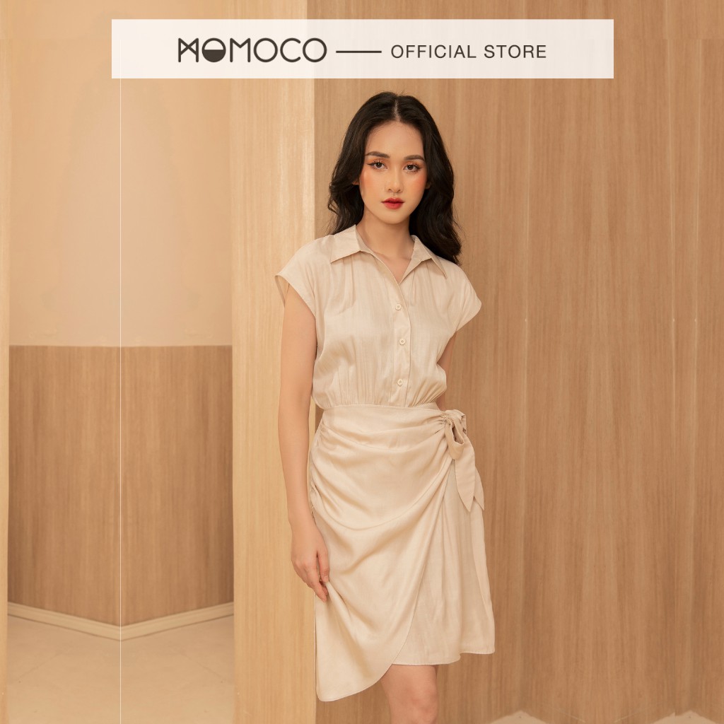 Váy Sơ Mi Cổ Đức MOMOCO Thắt Eo Vạt Chéo Buộc Nơ Hông Chất Lụa Tằm Mềm Mại M2817