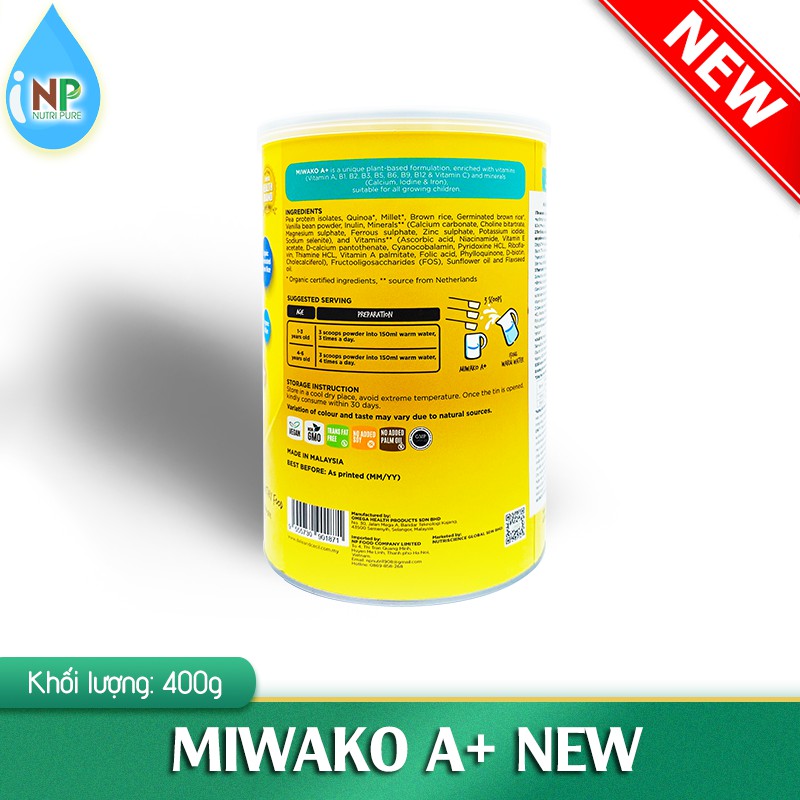 Sữa công thức thực vật hữu cơ Miwako A+ NEW Hộp 400g