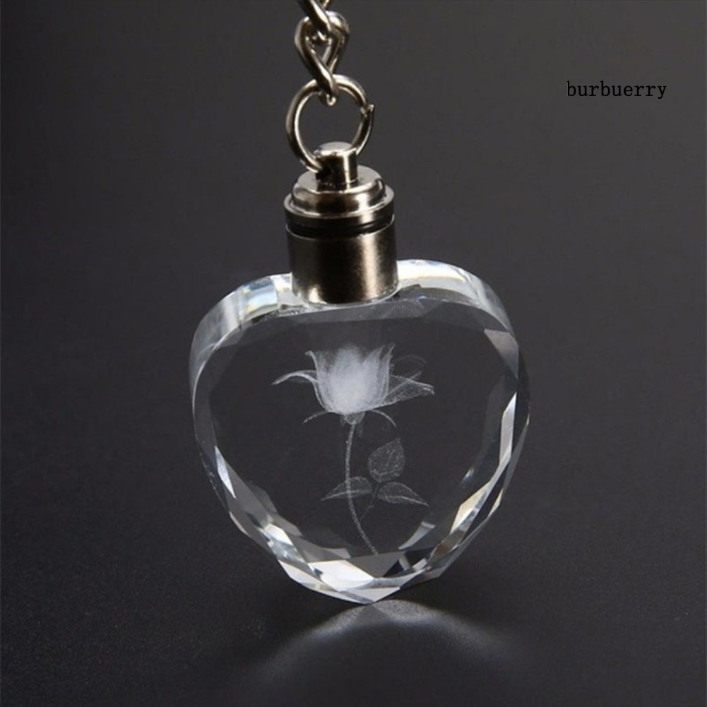 Móc khóa pha lê hình trái tim in hình bông hoa tích hợp đèn led cho nam và nữ