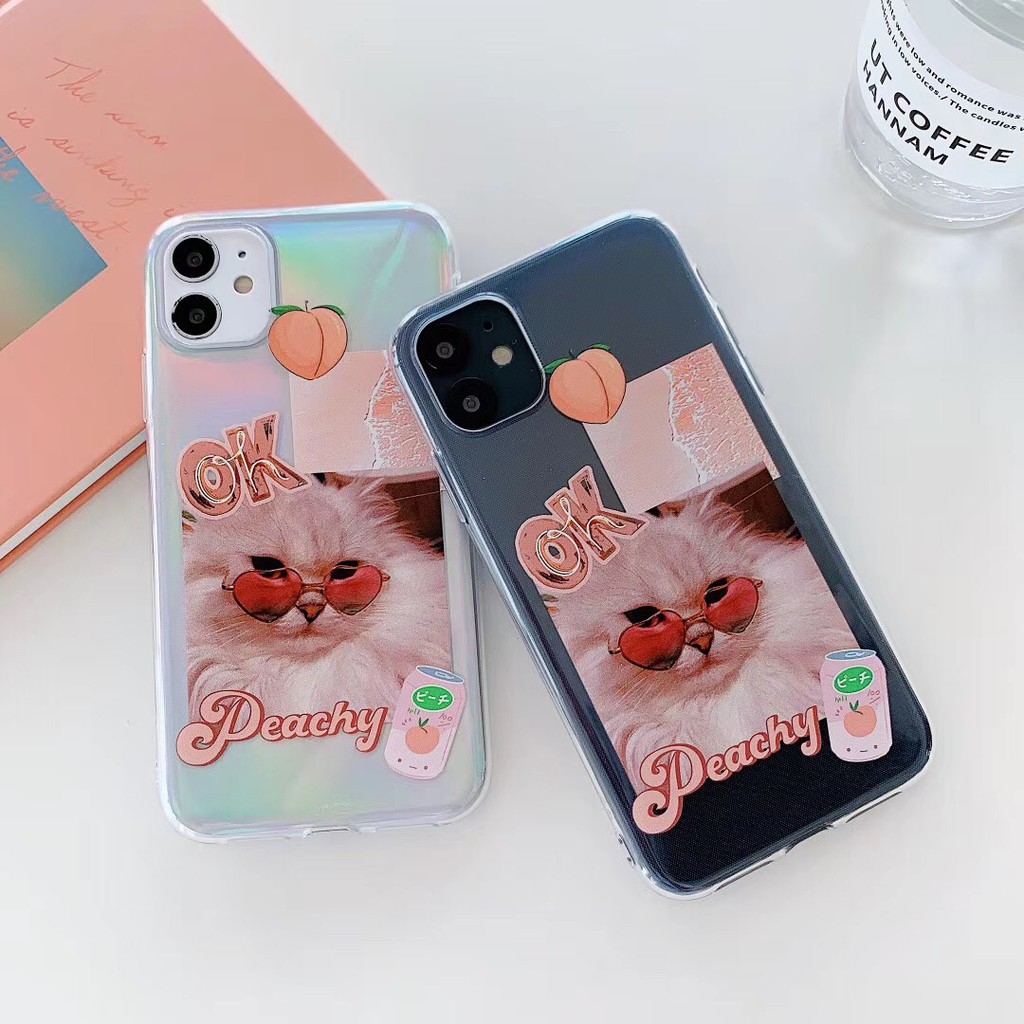 Ốp điện thoại TPU trong suốt họa tiết chú mèo & trái đào dễ thương cho iPhone 7Plus 8+ X XR XS max 11 11Promax SE2020 | BigBuy360 - bigbuy360.vn