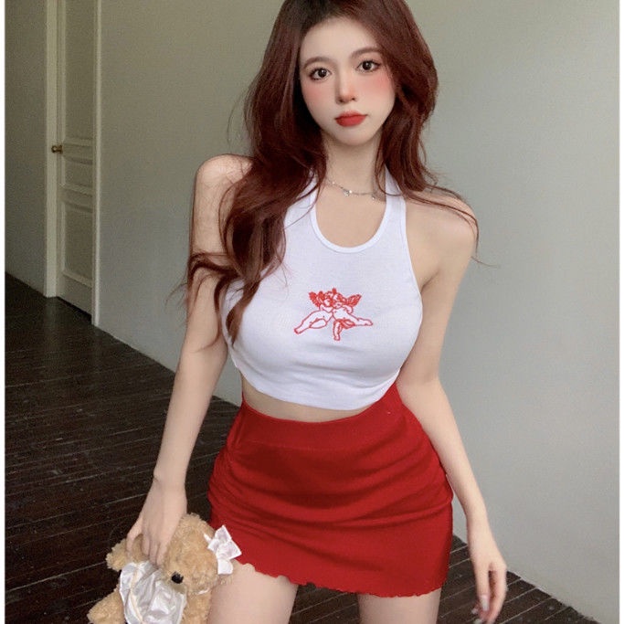 Fashion suit sweet hot girl pure want to hang neck sling small vest women's dress with high waist and short skirt in summer two-piece set
