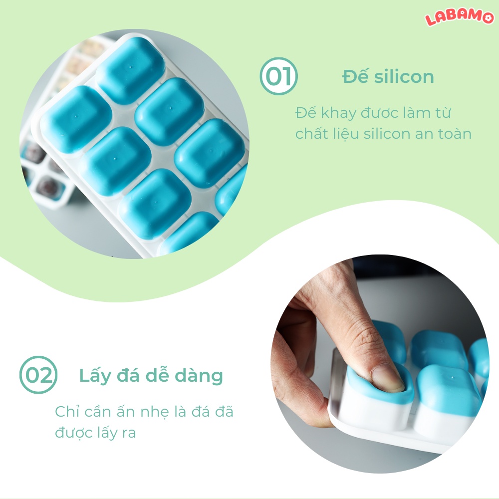 Khay trữ đông đựng đồ ăn dặm cho bé làm đá có đế silicon và nắp LABAMO