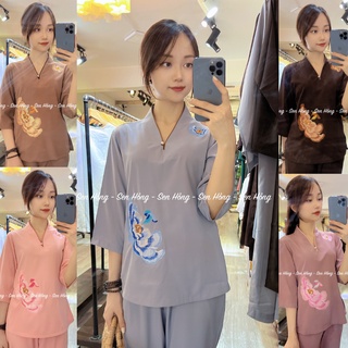 QUẦN ÁO ĐI CHÙA - set Phật tử cổ V thêu hoa thiết kế - đồ áo lam pháp phục nữ vải kate lụa mềm mịn mát B9