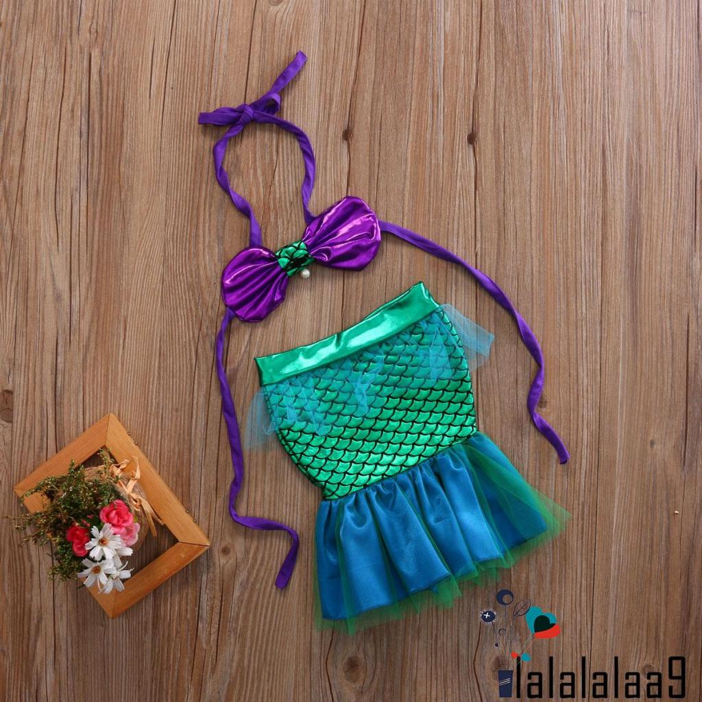 Bộ đồ bơi hai món phong cách nàng tiên cá gồm áo cổ yếm hình vỏ sò + đuôi cá tulle dễ thương cho bé gái
