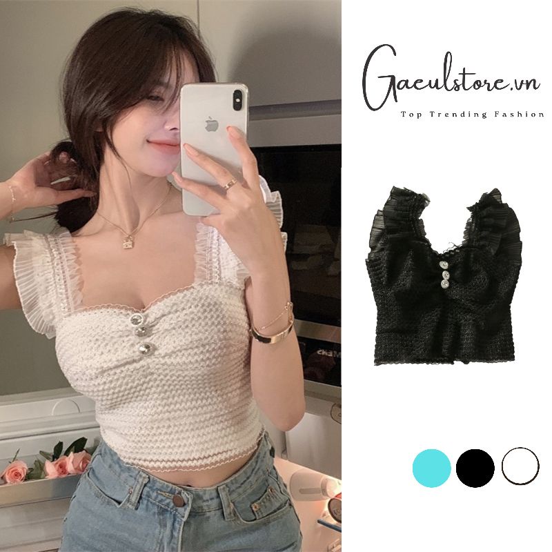 Gaeul store- áo 2 dây băng quấn kiểu dây bản to vai xếp ly khuy cúc ngọc - khoá lưng cực đẹp