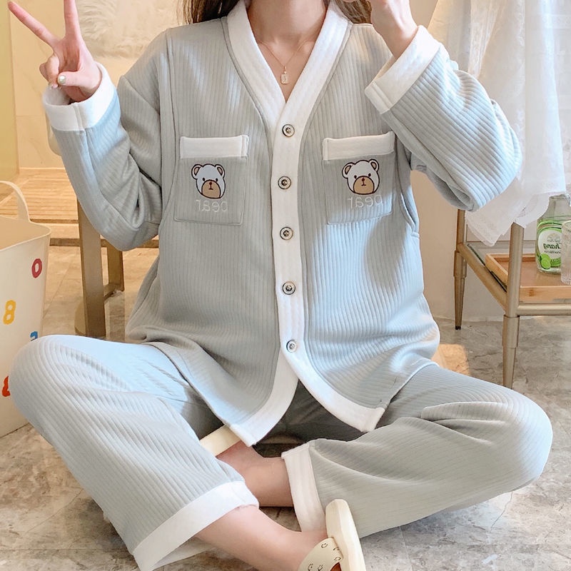 Bộ đồ ngủ dày dặn ấm áp bằng cotton thoáng khí cho phụ nữ sau sinh