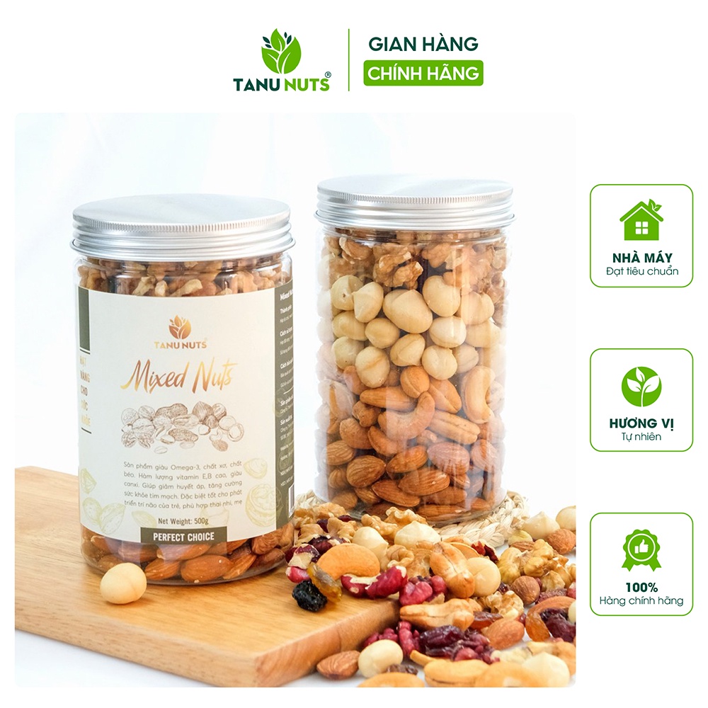 Hạt mix dinh dưỡng 4 loại macca, óc chó, hạnh nhân, hạt điều TANU NUTS thơm ngon bổ dưỡng 500g