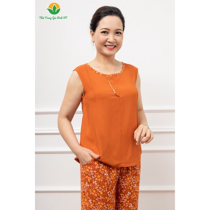 Bộ lanh Việt Thắng quần lửng áo sát nách trung niên phối áo trơn quần họa tiết B05.2208