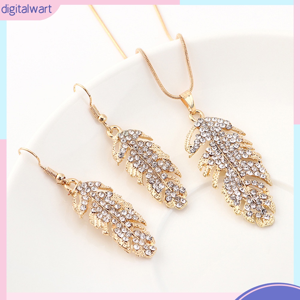 Bộ Dây Chuyền + Bông Tai Dáng Dài Hình Chiếc Lá Đính Đá Thời Trang Cho Nữ