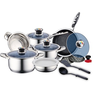 Bộ nồi Inox 16 món, nắp kính, chảo đá