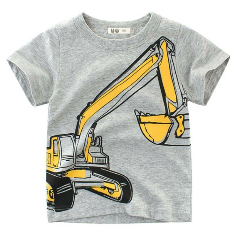 Baby Kids Children Short-sleeved T-shirt Floral Gray Excavator Printing Clothes