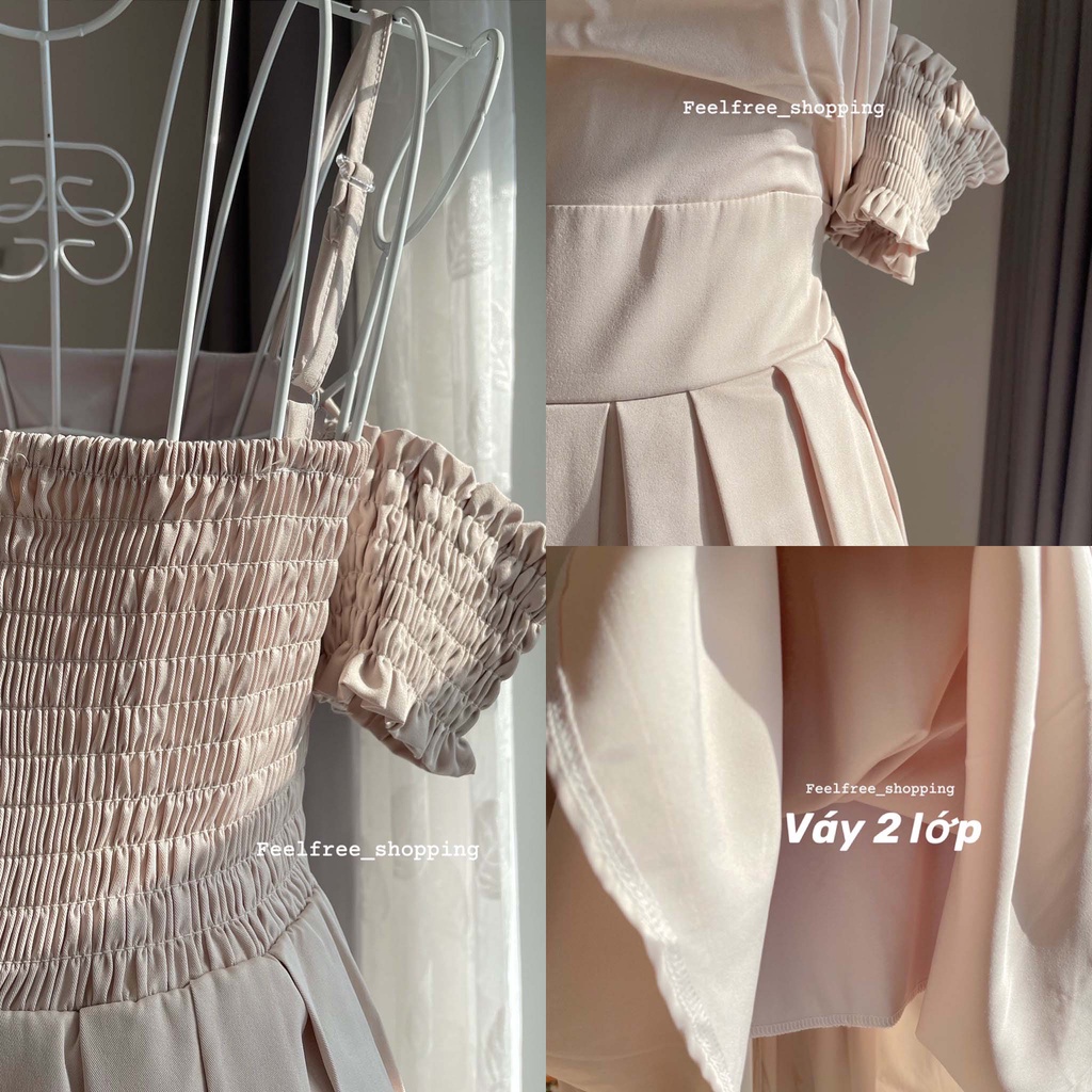Đầm Be Nâu Feelfree Lưng Thun 2 Dây Trễ Vai 2 Lớp Mặc Đi Tiệc, Đi Chơi, Kỷ Yếu (Hình Thật) S034