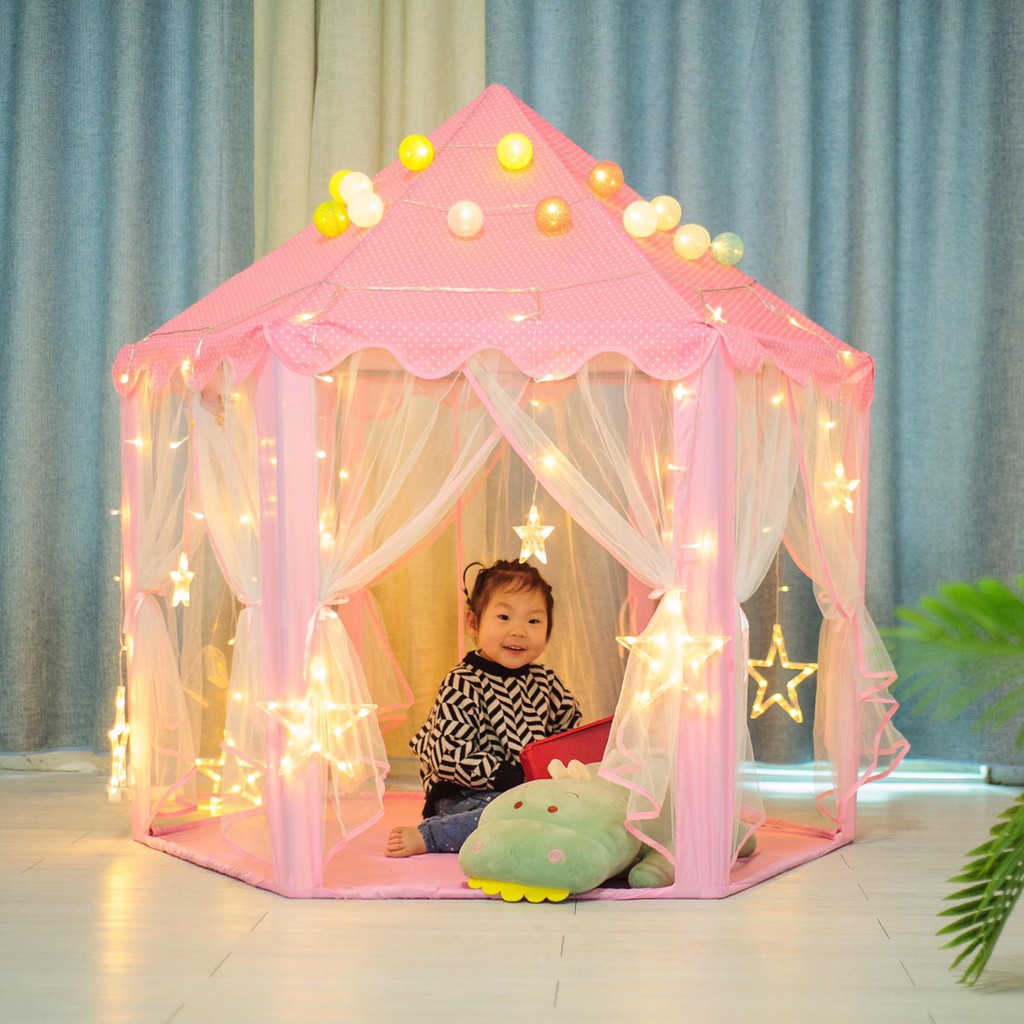 Lều Ngủ Công Chúa Hoàng Tử Hình Lục Giác - Lâu Đài Công Chúa Dành Cho Bé Trai Và Bé Gái Kèm Bóng Nháy Trang Trí