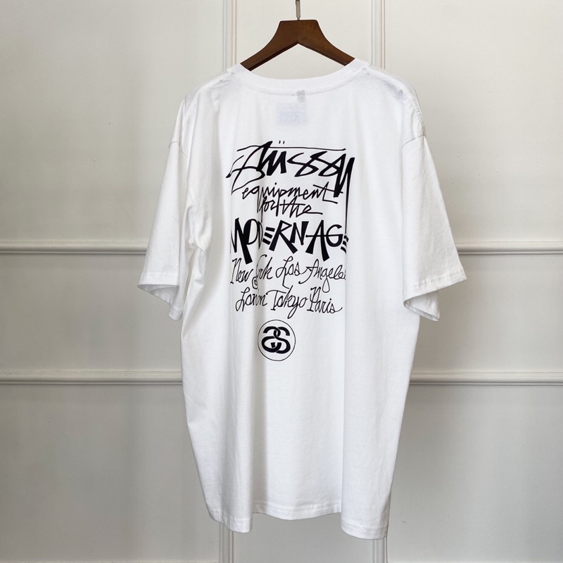 Áo Thun Stussy Bape Tay Lở Oversize Màu Trắng Đen Hoạ Tiết Chữ Sau Lưng Vintage