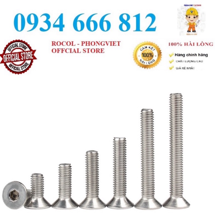 10c bulong lục giác chìm Đầu Bằng INOX 304 M8, M8X16,M8X20,M8X30,M8X40,M8X50