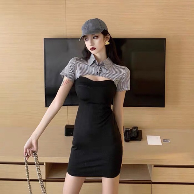 Đầm ôm pha cổ sơ mi Quảng Châu siêu xinh