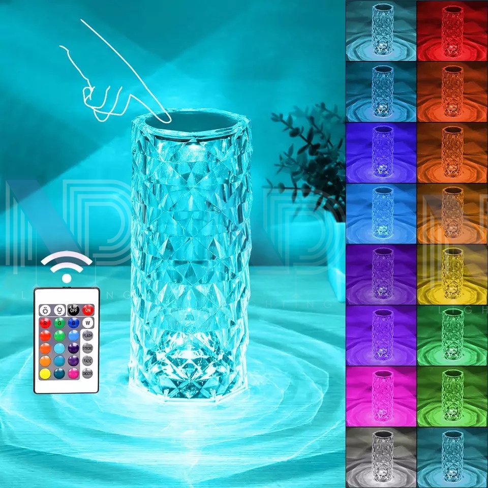 Đèn led Pha Lê cảm ứng hoa hồng RGB có remote điều khiển 16 màu - pin sạc cầm tay - chuyên Decor văn phòng bàn làm việc