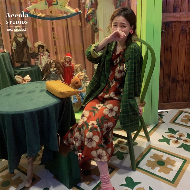 (HÀNG SẴN) Áo khoác blazer nữ kẻ sọc caro màu xanh lá style Hàn Quốc vintage (New_Arrivals_Hot) | BigBuy360 - bigbuy360.vn