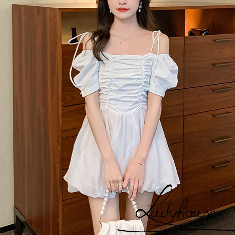 Đầm Chữ A Hai Dây Tay Ngắn Màu Trơn Thời Trang Mùa Hè Cho Nữ