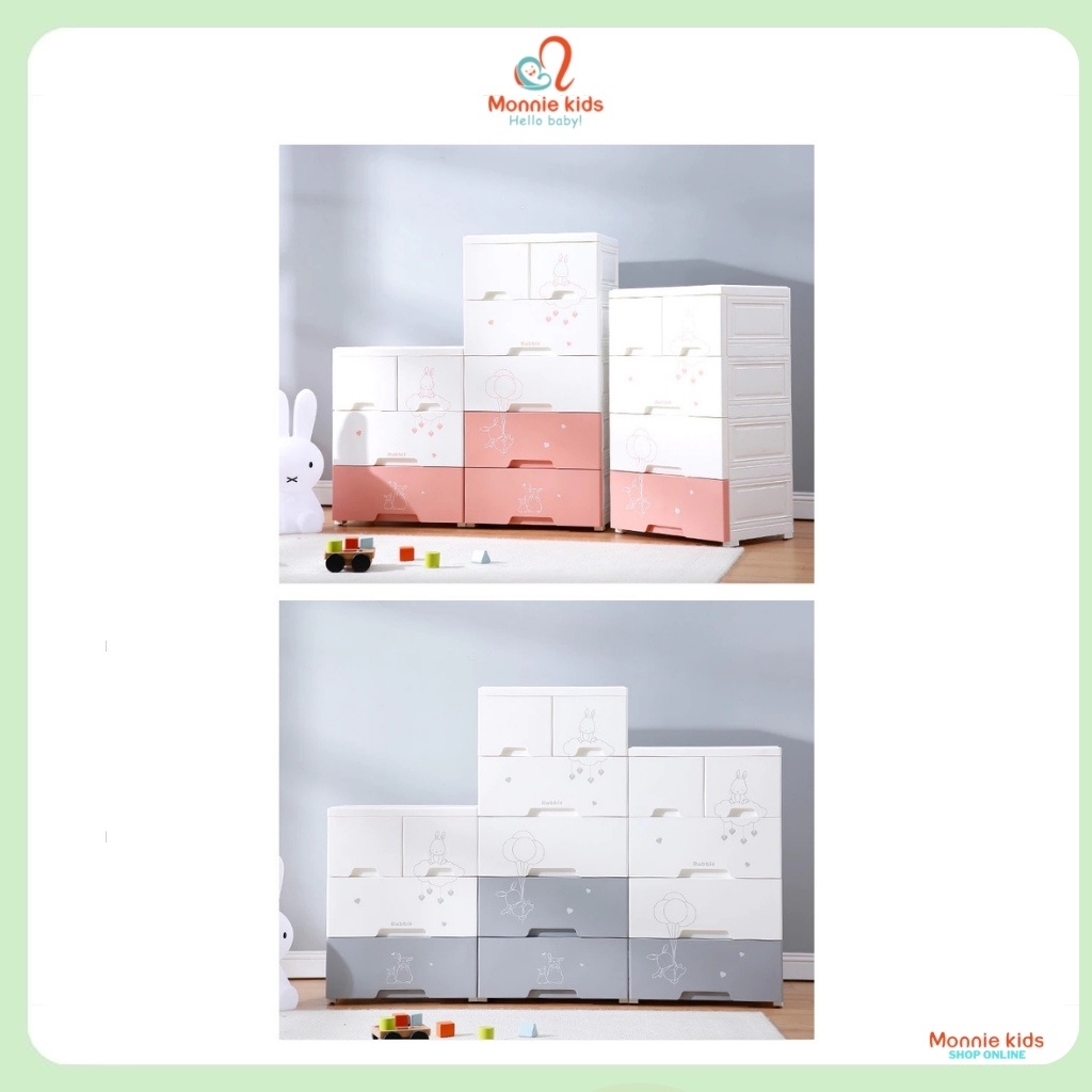 Tủ nhựa ngăn kéo Monmon 5 tầng 50x38x105cm, tủ đựng quần áo dễ thương cho bé - Monnie Kids