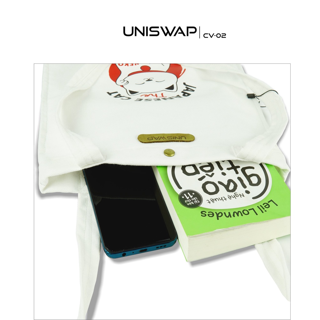 Túi đeo vai, mẫu túi tote đi học vải canvas UNISWAP CV-02/A - màu trắng họa tiết cute