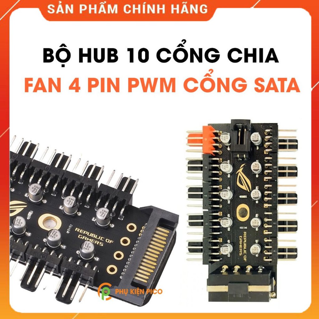 Bộ Hub 10 cổng chia Fan PWM 4 Pin hỗ trợ điều tốc, quạt tản nhiệt nguồn cấp điện cổng SATA, 10 tụ an toàn