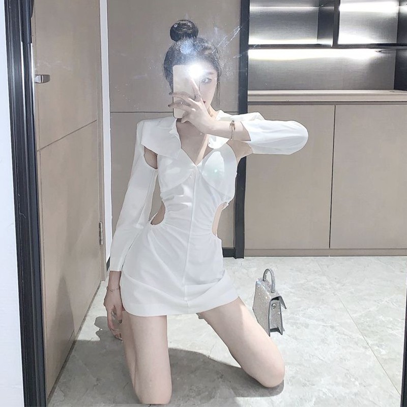 (r134) đầm ulzzang váy dây kết hợp áo sơ mi cutout sang chảnh(kèm ảnh thật)