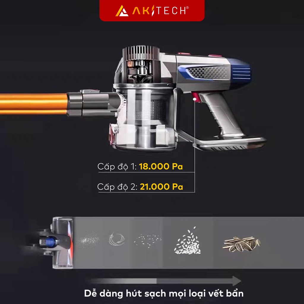Máy hút bụi cầm tay không dây AKI PRO V6 hút bụi gia đình, nhà cửa, giường nệm, sofa, xe hơi, lực hút 21000Pa