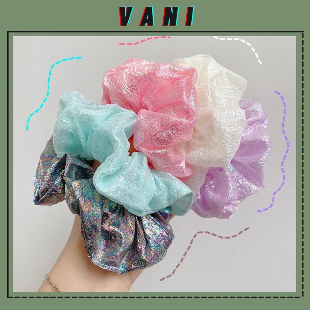 Scrunchies Dây Cột Tóc Vải Chất Giả Xà Cừ Nhám Ánh Hologram 2in1 Vòng Đeo Tay