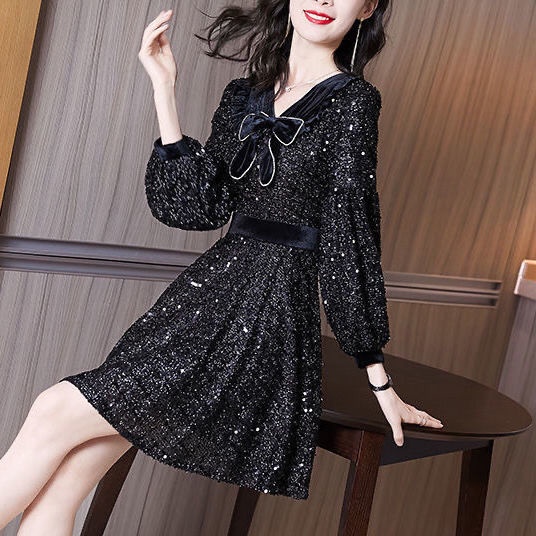 Đầm Cổ Chữ v Màu Đen Đính Kim Sa Lấp Lánh Sang Trọng Thời Trang Cho Nữ 12.1