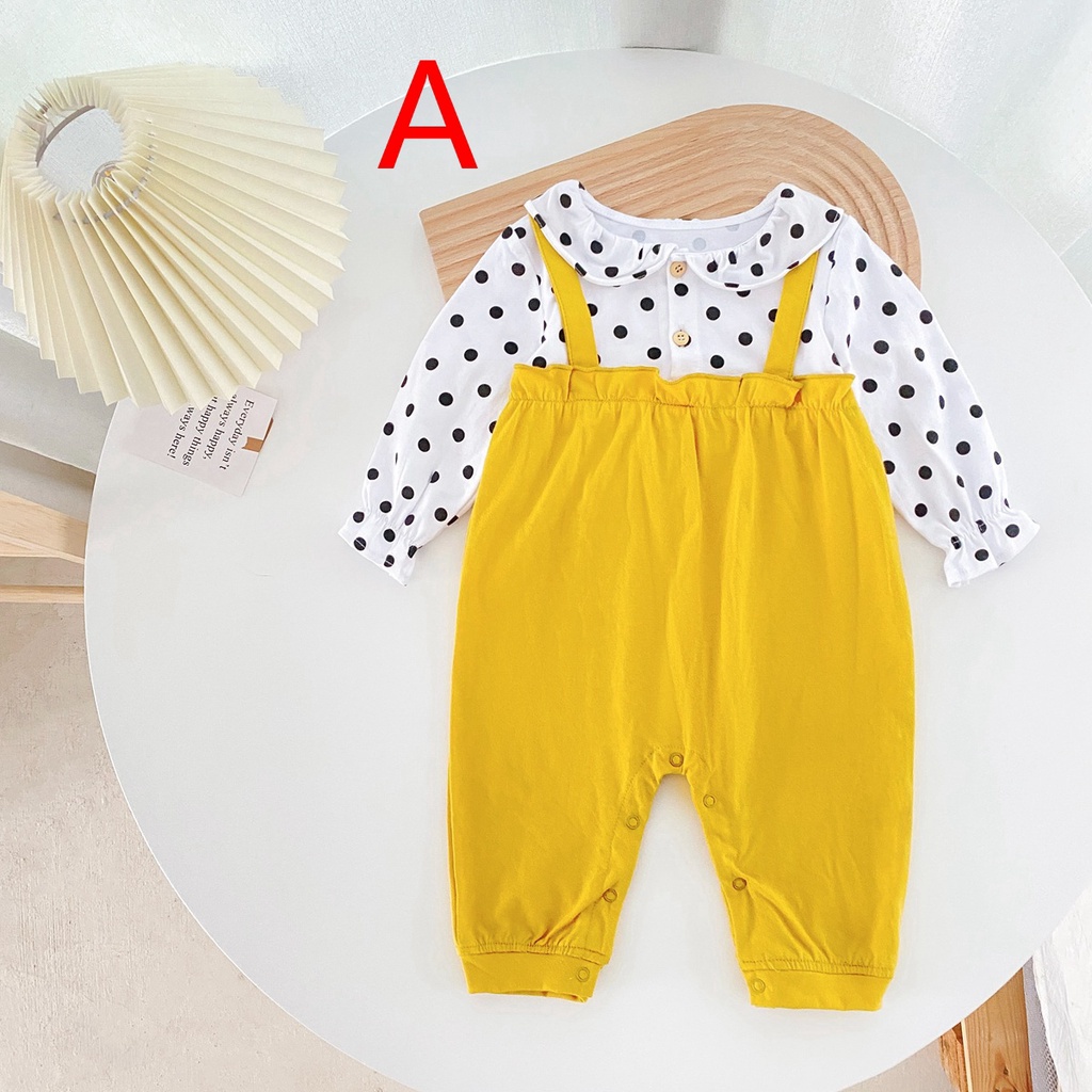 Áo liền quần SANLUTOZ vải cotton dài tay phối chấm bi dễ thương cho bé gái sơ sinh