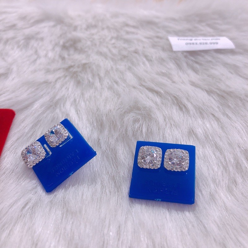 Bông tai nữ bạc thật đính đá vuông trẻ trung, lấp lánh/ Trang sức bạc JQN