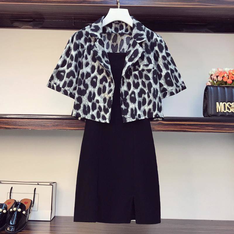 Set Áo Sơ Mi Phối Chân Váy Yếm In Họa Tiết Da Báo Phong Cách Hồng Kông Thời Trang Mùa Hè 2021 Plus Size