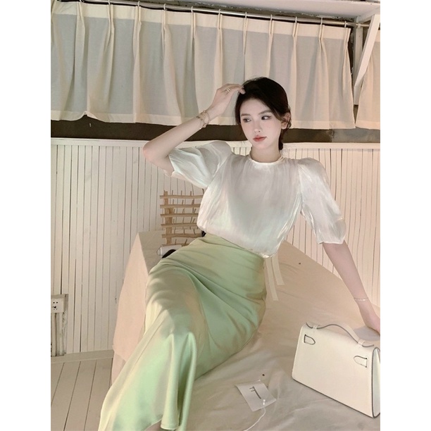 SET LỤA ÁO TAY LỠ + CVAY MIDI XANH