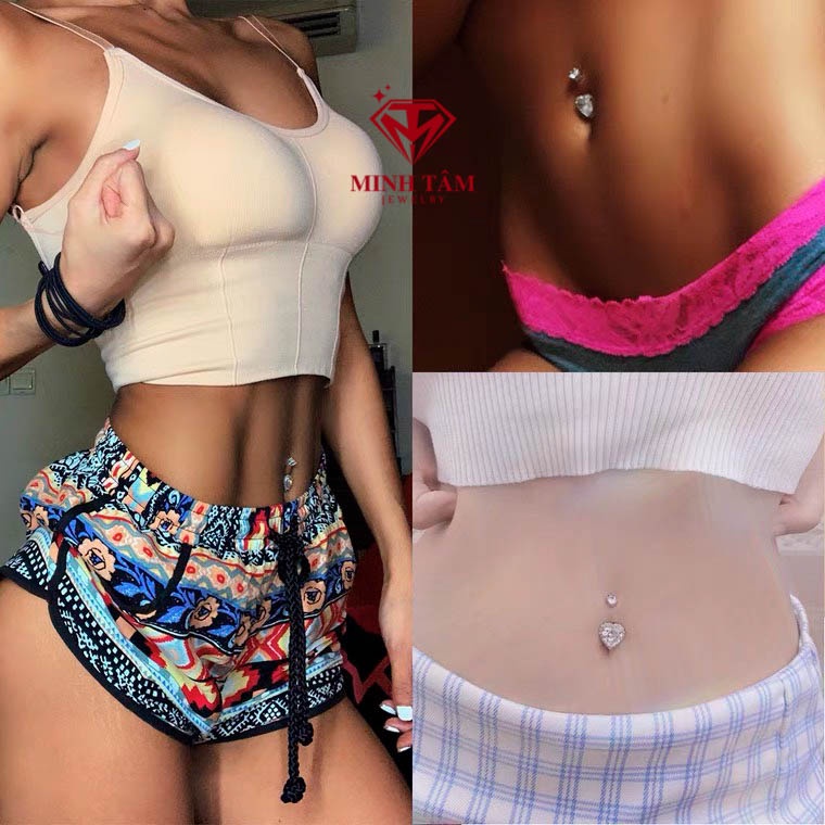 Khuyên rốn bạc 925 hình trái tim nạm đá cao cấp Minh Tâm Jewelry