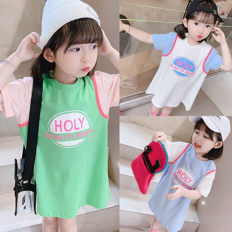 Đầm Thun Giả Hai Lớp In Chữ Phong Cách Hàn Quốc Thời Trang Mùa Hè Mới Cho Bé Gái