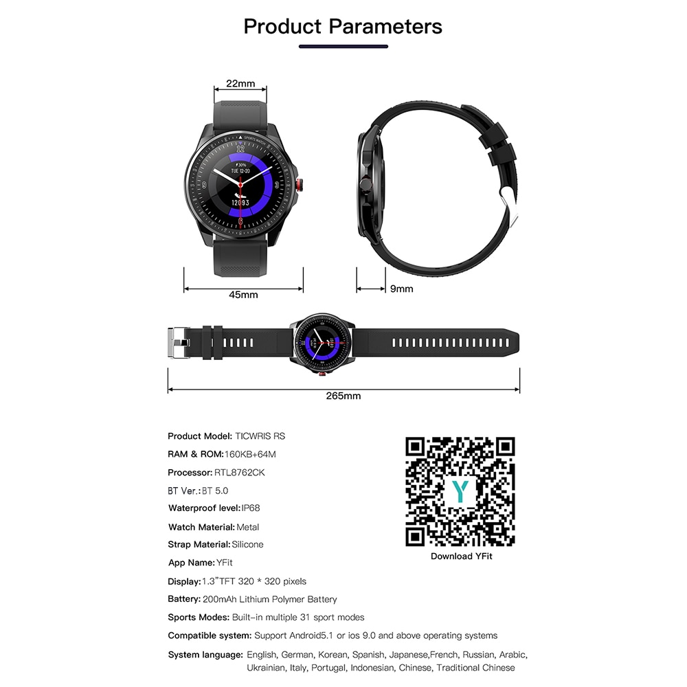 Đồng hồ thông minh TICWRIS RS cảm ứng màn hình TFT chống nước IP68 Bluetooth 5.0 theo dõi nhịp tim thể dục