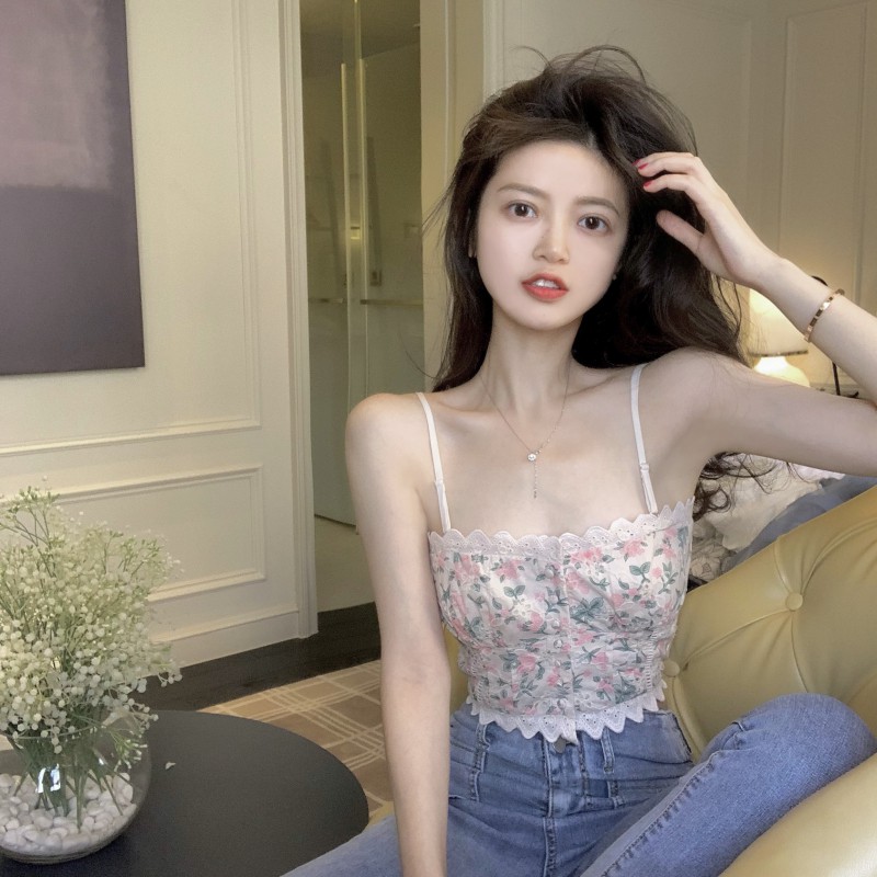 Cocory vn Áo Croptop Hai Dây Phối Ren In Hoa Phong Cách Quyến Rũ | BigBuy360 - bigbuy360.vn