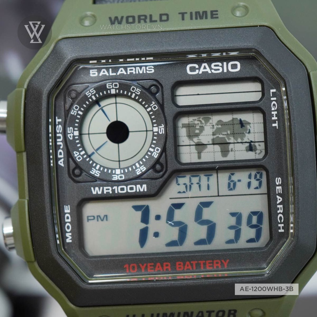 Đồng Hồ Điện Tử Nam Casio WATCHSTORE AE-1200WHB-3BVDF Thiết Kế Mặt Kính Vuông 42mm, Dây Đeo Và Vỏ Nhựa Bền Bỉ