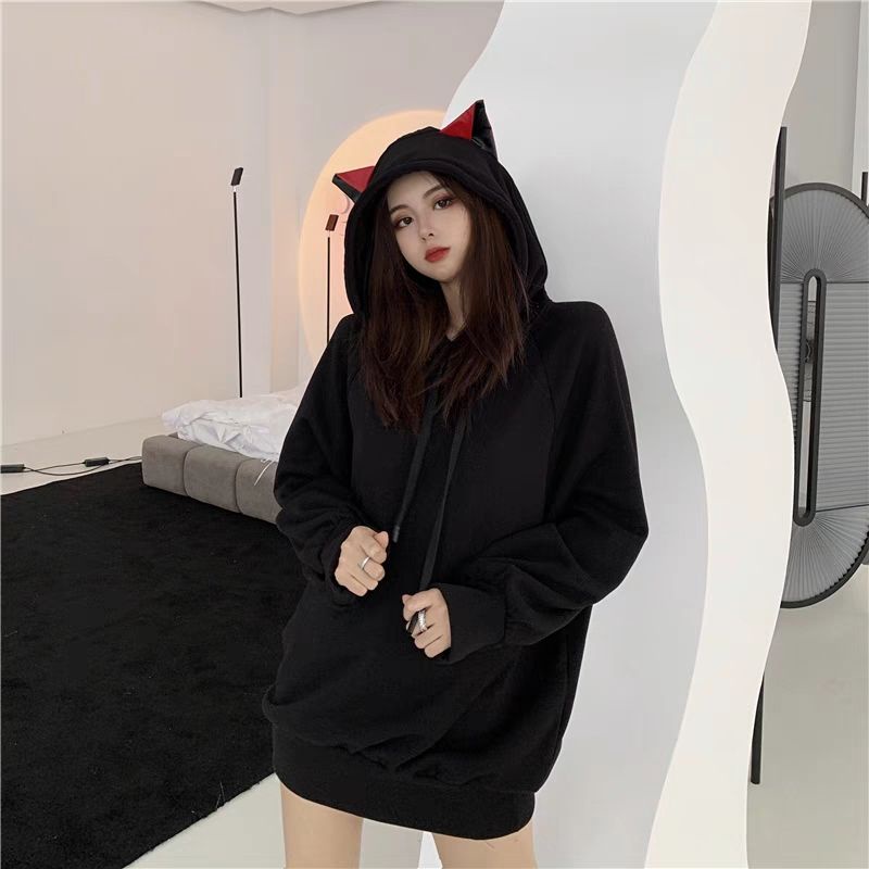 Áo nỉ hoodie tai mèo đỏ đen unisex nam nữ đáng yêu cá tính
