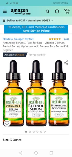 Bộ 3 Serum Tree of Life chống lão hóa Vitamin C Serum, Retinol Serum và Hyaluronic Acid Serum 30ml