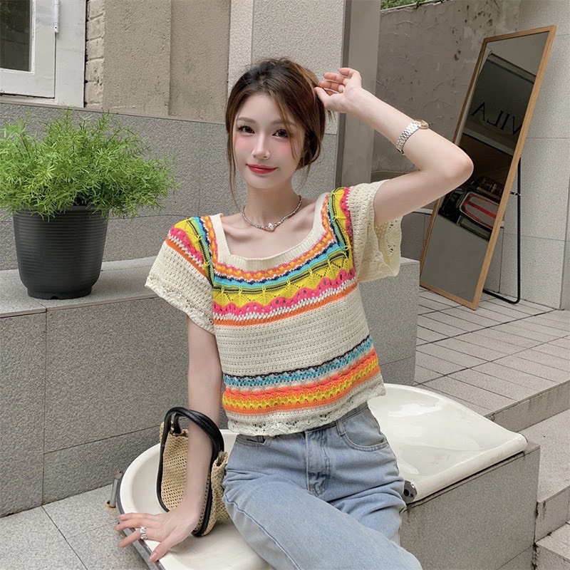 Áo len kiểu ngắn tay hoạ tiết cực xinh, Áo kiểu cổ vuông ngắn tay AL9332 - NhiNhi Shop