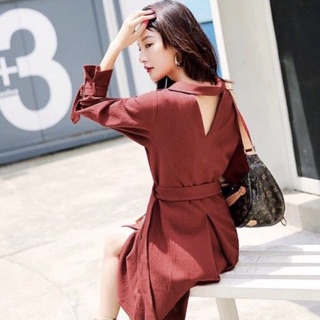 Đầm cam đất tay lỡ kèm belt (kèm hình thật)