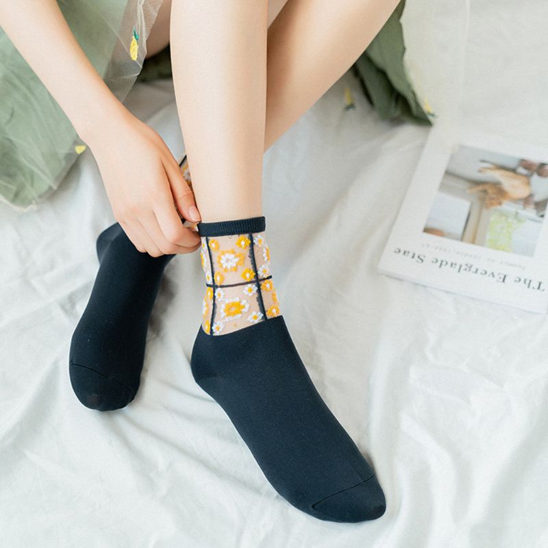 Youyo Vớ Lưới Jacquard Siêu Mỏng Xuyên Thấu Ghép Vải Hoa Cúc Dài Tới Mắt Cá Chân Phong Cách Hàn Quốc Cho Nữ