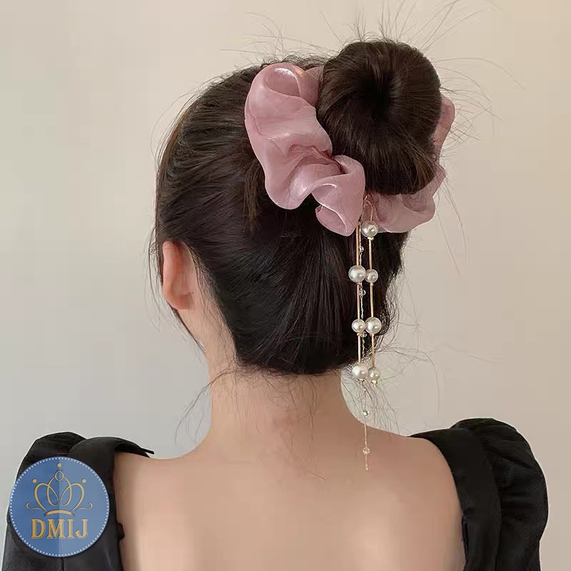 [Mã FAMARAL2 giảm 10K đơn 50K]Cột tóc vải scrunchies đính dây ngọc hàn quốc dây buộc tóc scrunchies nhiều màu